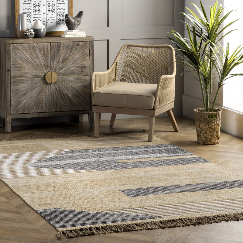 Dakota Fields Hand Hooked Jute/Cotton Beige/White/Black Area Rug